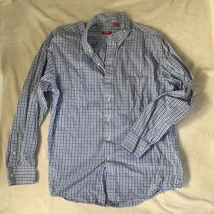 Blue and navy plaid Izod men’s button up shirt